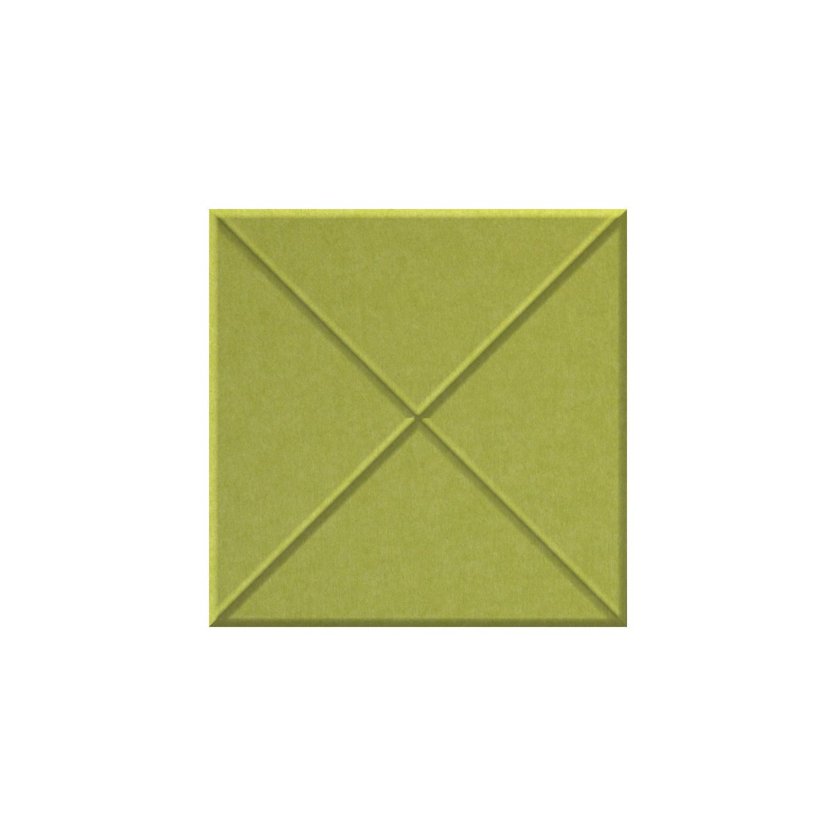 A square fabric swatch in a muted olive green color, featuring a stitched geometric pattern of intersecting diagonal lines forming a cross in the center, isolated on a white background.