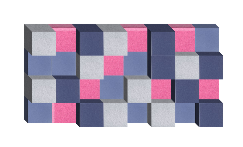 Three-dimensional geometric design with stacked pink, navy, light gray, and periwinkle squares in an interlocking pattern.