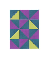 Geometric pattern with alternating teal, purple, and yellow triangles arranged in a repeating diamond grid design.