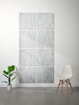 A 6-panel wall art set featuring a gray and white wavy tree pattern, displayed on a white wall in a modern room setting with a white chair and a green potted plant.