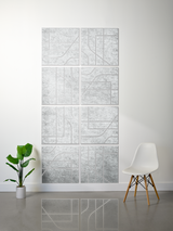 A 6-panel canvas wall art set featuring a light gray street map design, displayed on a white wall in a modern room setting with a white chair and a green potted plant.