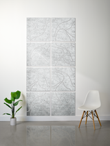 A 6-panel canvas wall art set featuring a light gray and white abstract map-like pattern, displayed on a white wall in a modern room setting with a white chair and a green potted plant.