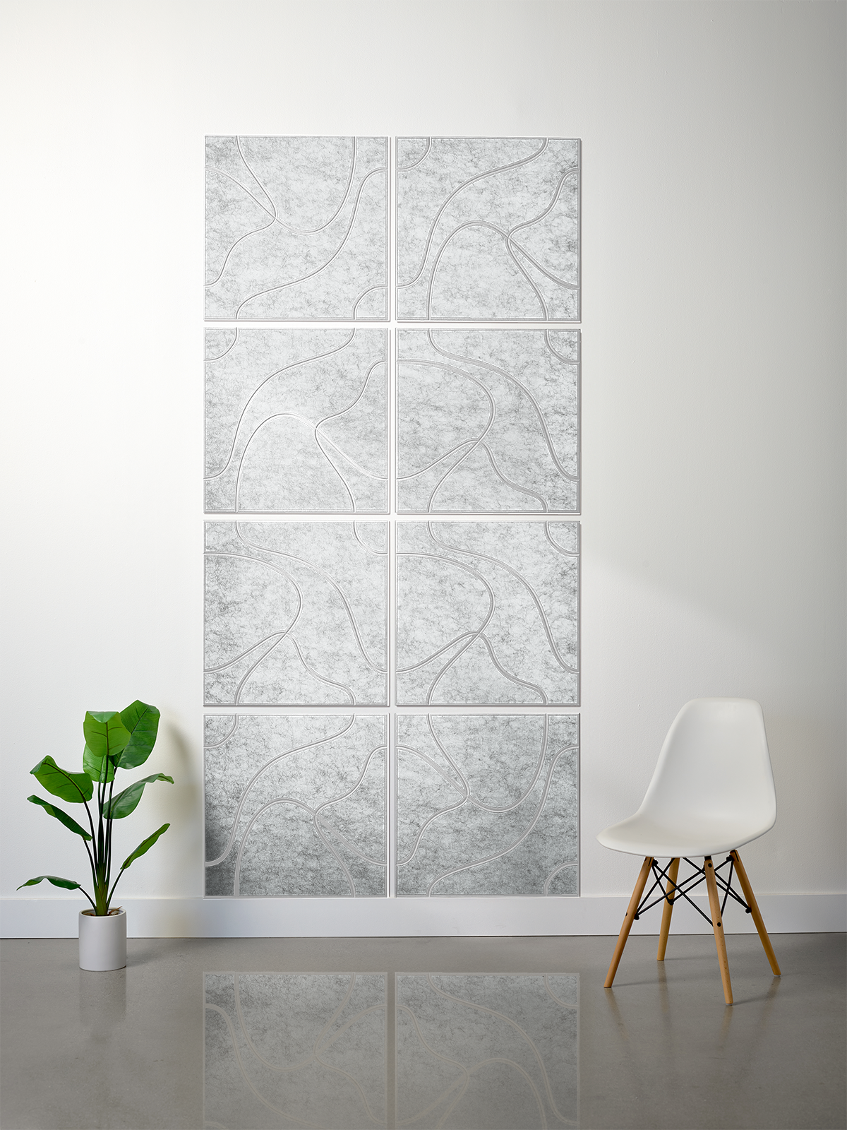 A 6-panel canvas wall art set featuring a light gray and white abstract map-like pattern, displayed on a white wall in a modern room setting with a white chair and a green potted plant.