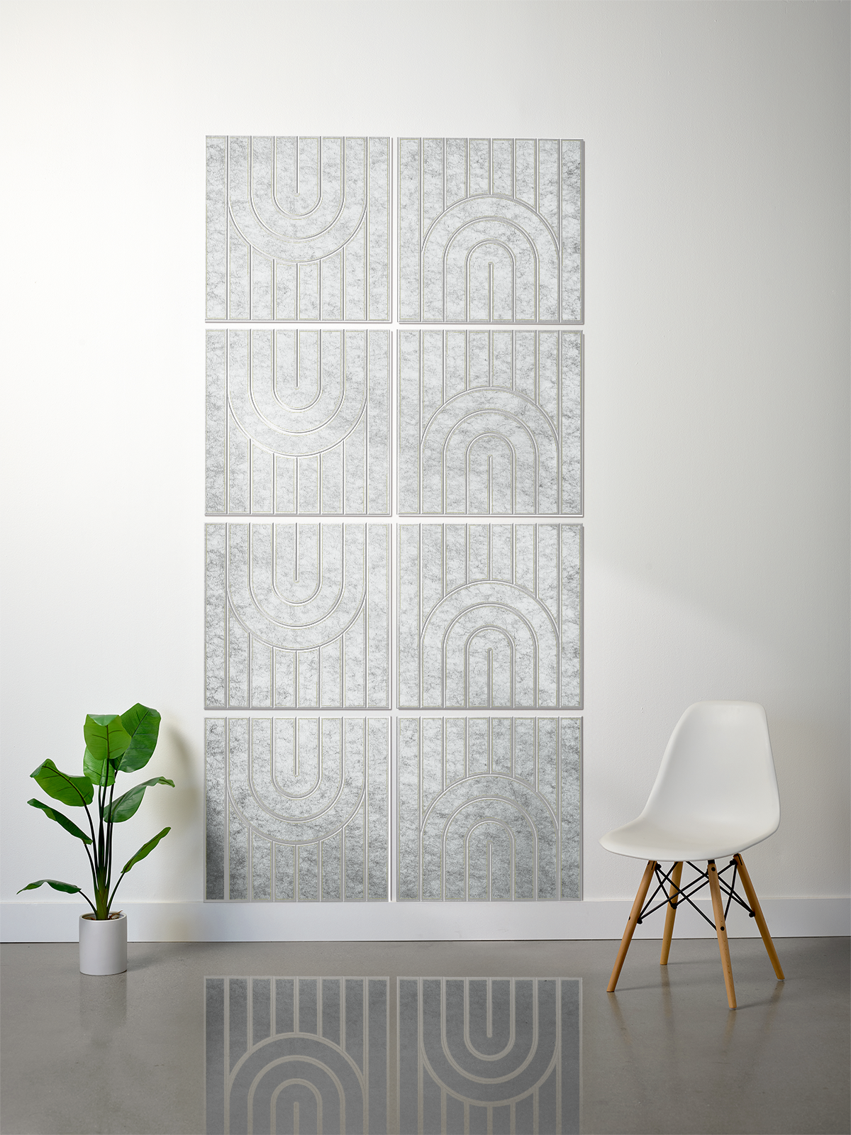 A 6-panel wall art set featuring a light gray and white embossed geometric arch pattern, displayed on a white wall in a modern room setting with a white chair and a green potted plant.
