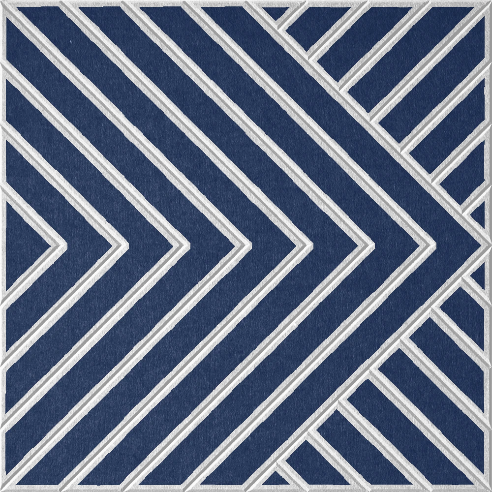 Blue acoustic felt wall tile with a bold geometric chevron pattern