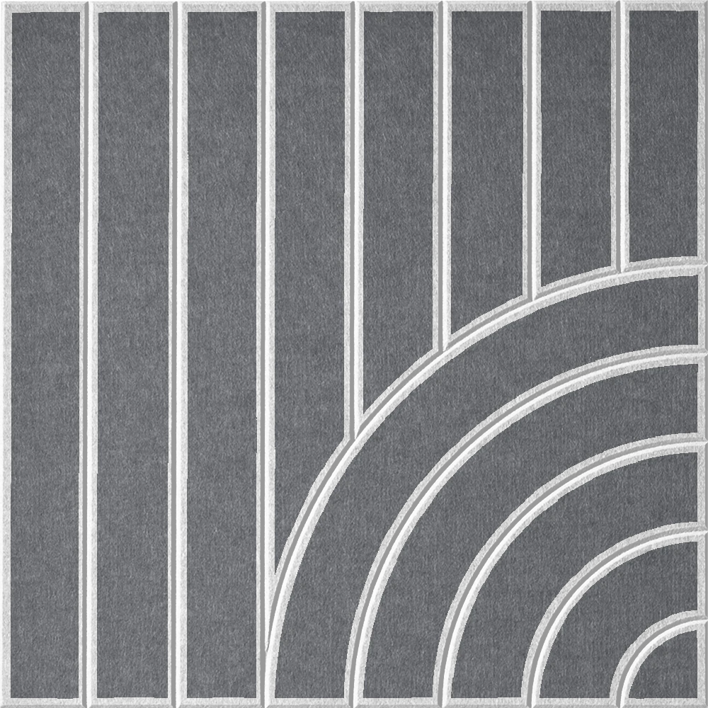 Decorative grey felt wall tile featuring linear and curved geometric shapes