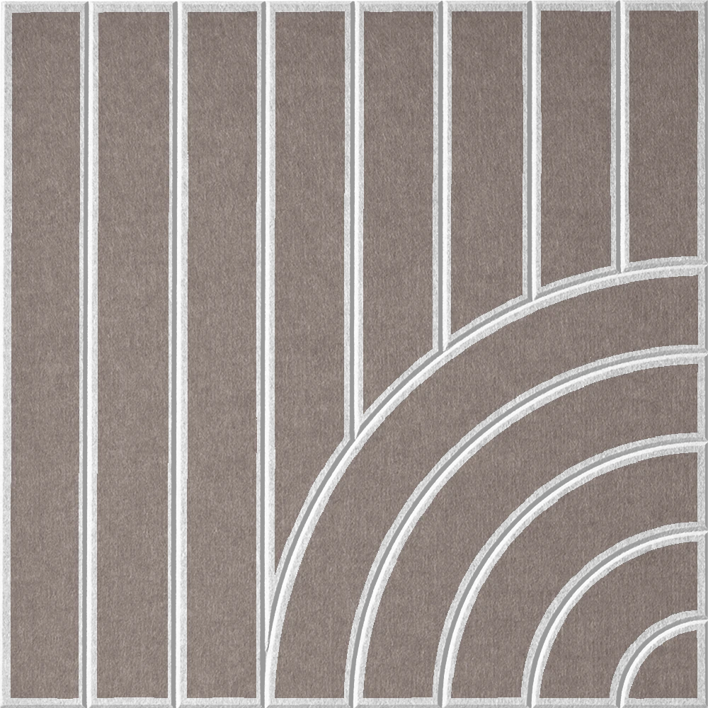 Brown-grey acoustic felt tile featuring vertical stripes and a modern curved design