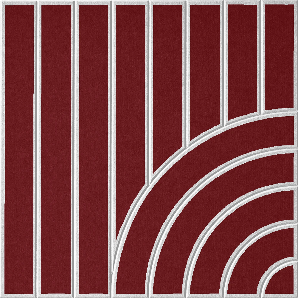 Decorative red felt wall tile featuring linear and curved geometric shapes 
