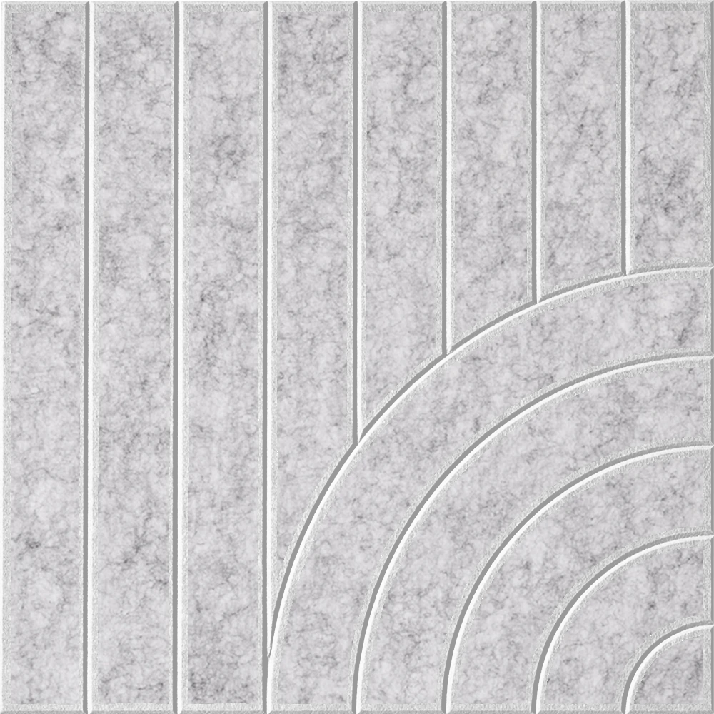 Decorative grey felt wall tile featuring linear and curved geometric shapes