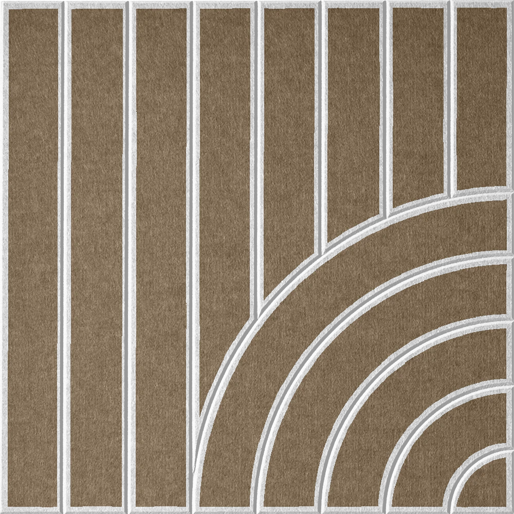 Brown acoustic felt wall tile with vertical lines and a curved geometric arch pattern