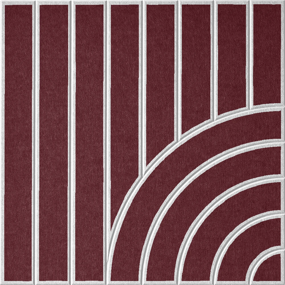 Red-purple sound absorbing felt wall tile with geometric lines and sweeping curves