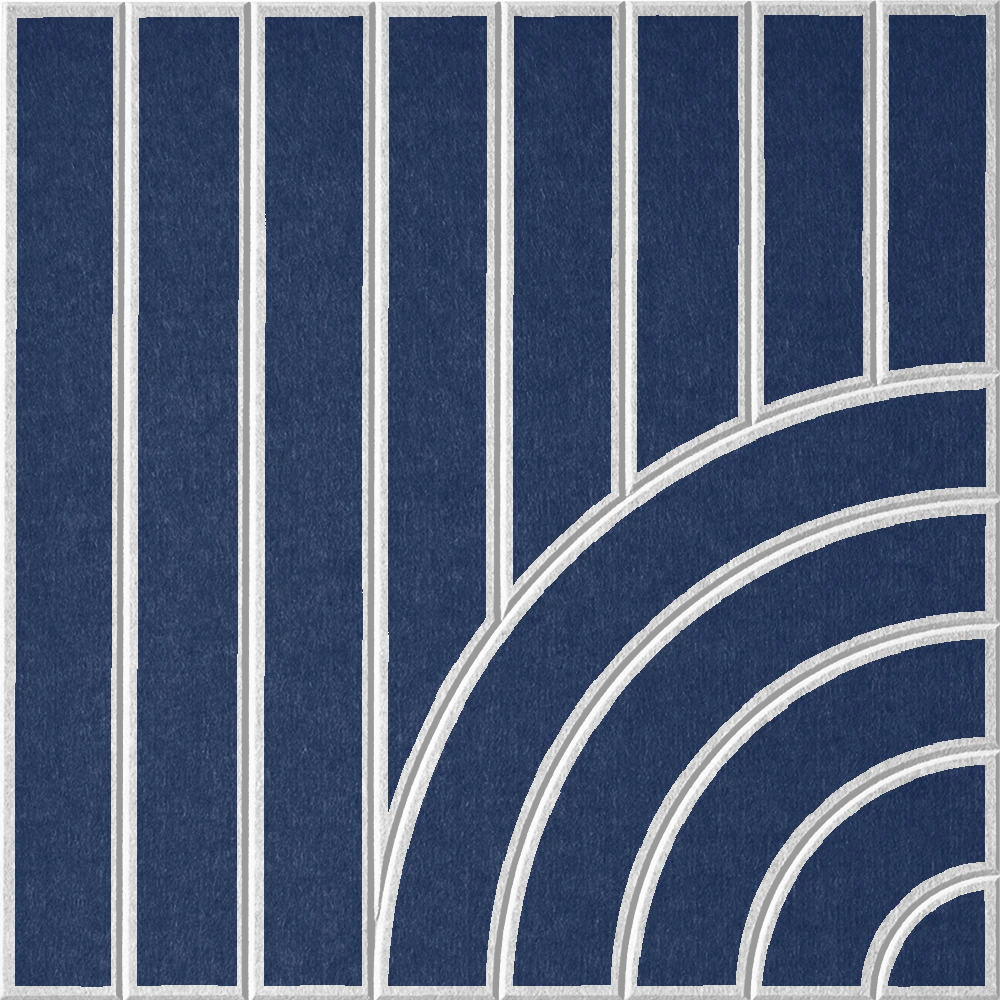 Blue acoustic felt tile featuring vertical stripes and a modern curved design