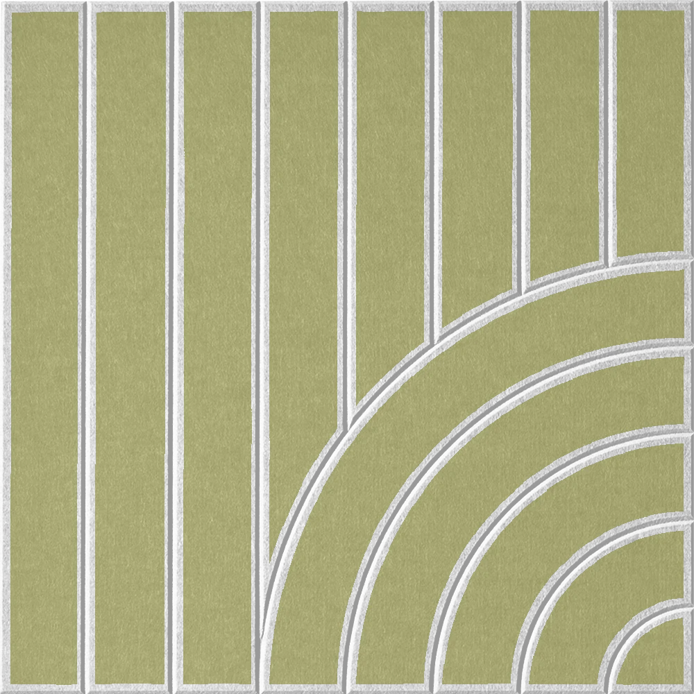 Soft green sound absorbing felt wall tile with geometric lines and sweeping arches