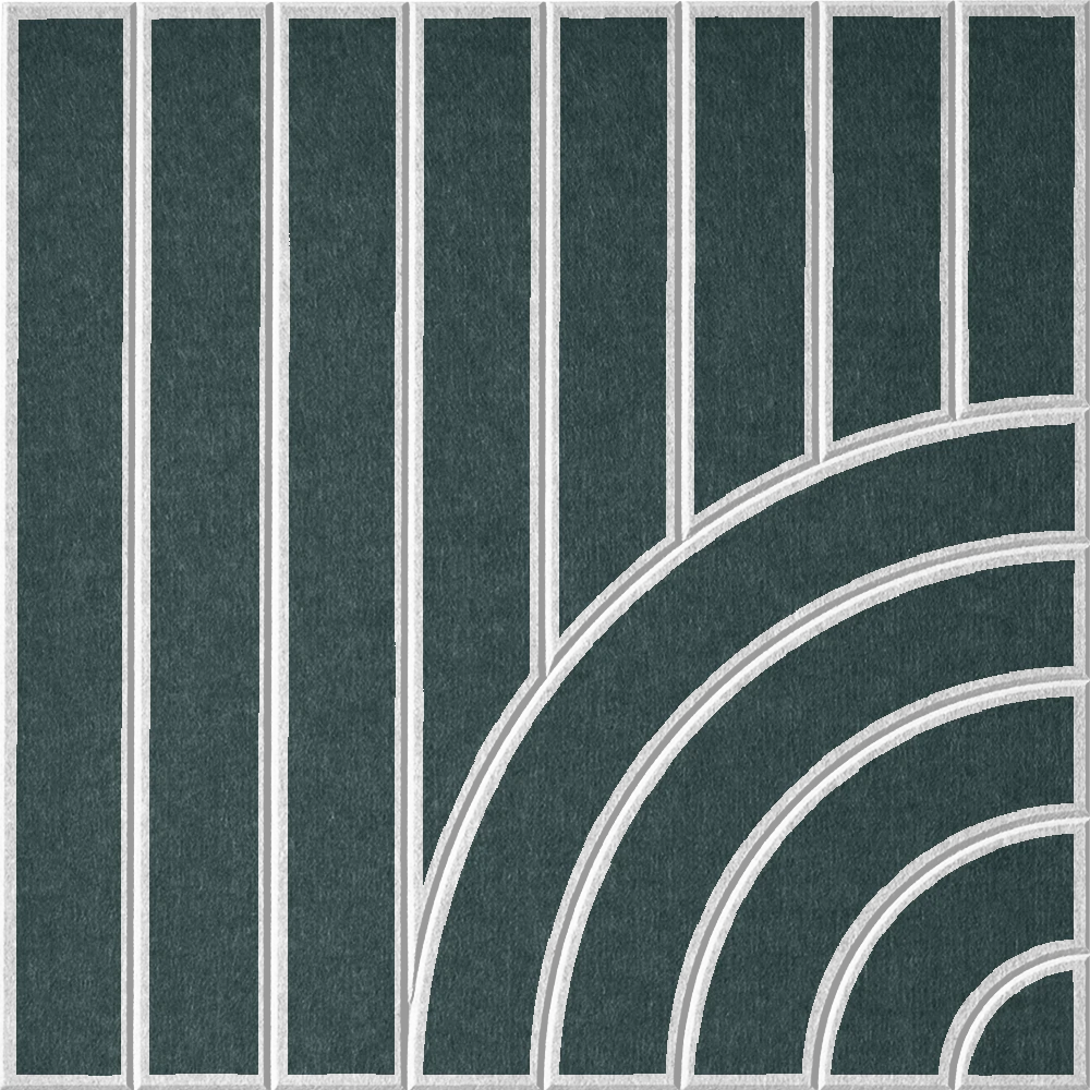 Blue-green sound absorbing felt wall tile with geometric lines and sweeping arches