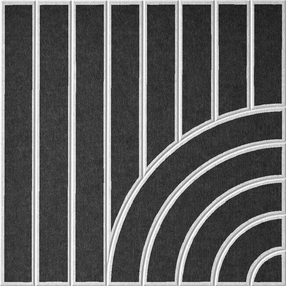 Dark grey acoustic felt tile featuring vertical stripes and a modern curved design
