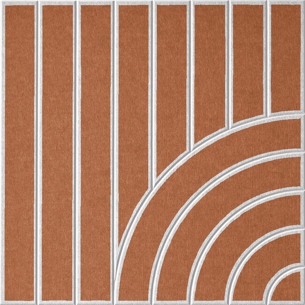Decorative orange felt wall tile featuring linear and curved geometric shapes