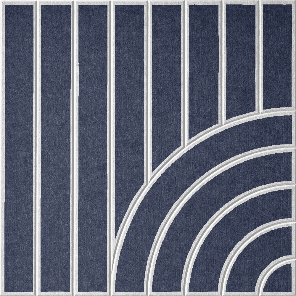 Blue acoustic felt tile featuring vertical stripes and a modern curved design