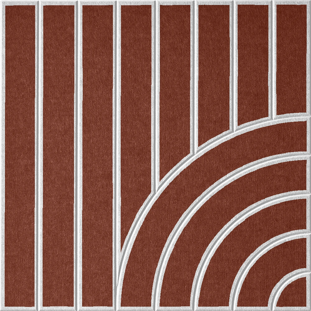 Dark orange sound absorbing felt wall tile with geometric lines and sweeping arches