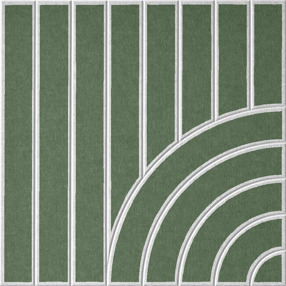Shade of green acoustic felt wall tile with vertical lines and a curved geometric arch pattern