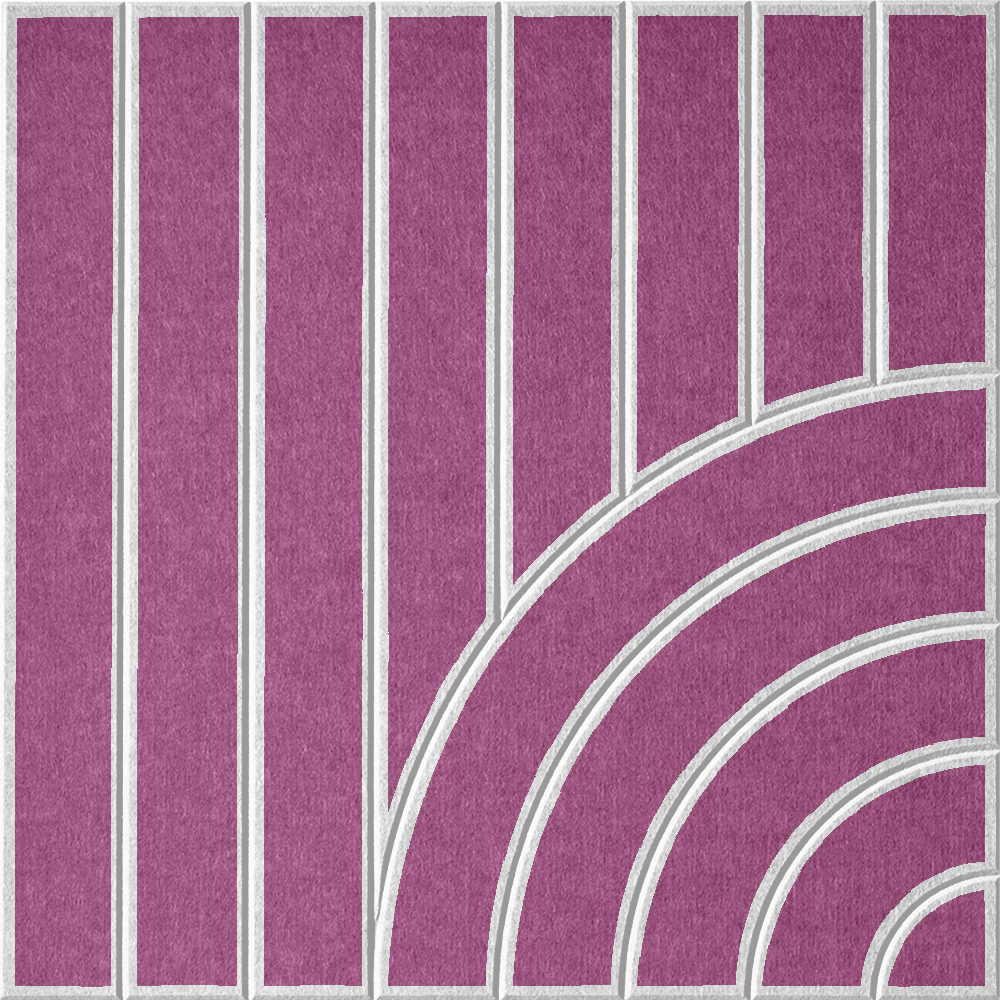 Purple sound absorbing felt wall tile with geometric lines and sweeping arches