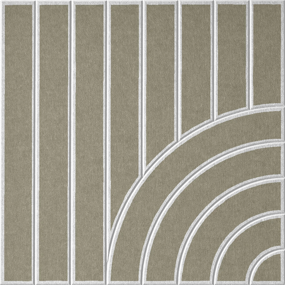 Shade of green acoustic felt wall tile with vertical lines and a curved geometric arch pattern