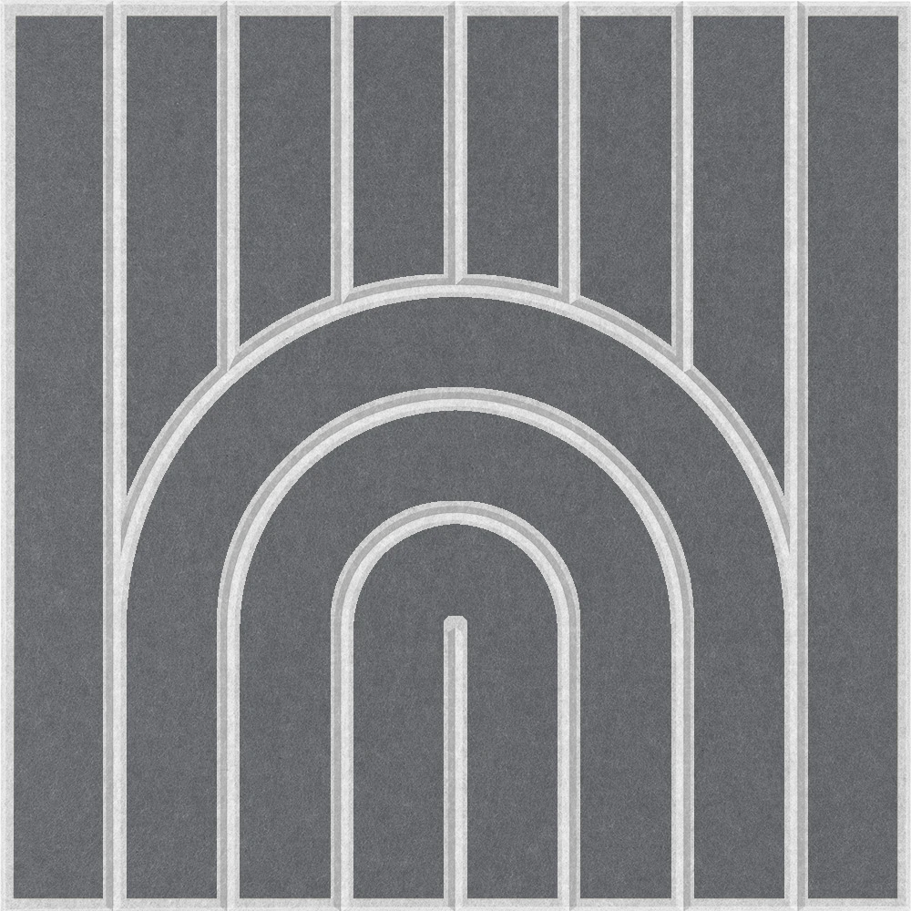 Dark grey felt wall tile featuring a geometric rainbow pattern