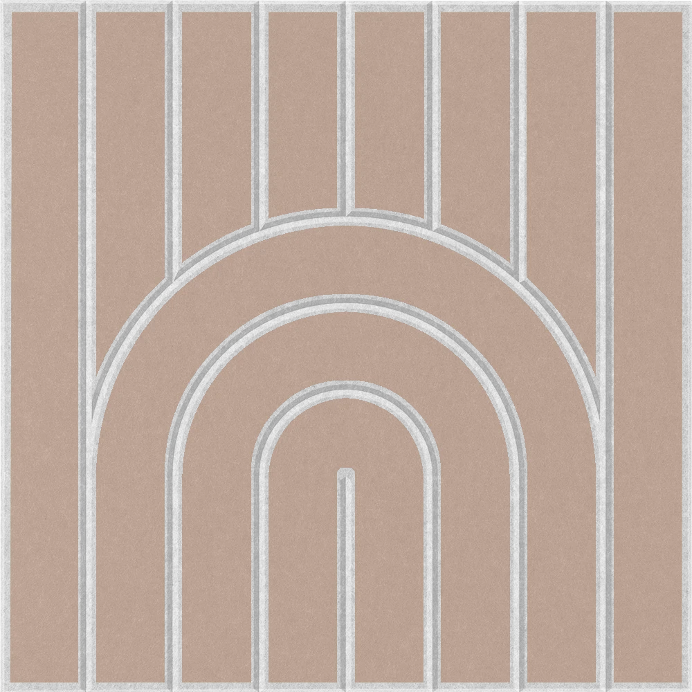 Geometric tan acoustic wall tile featuring a rounded rainbow design 