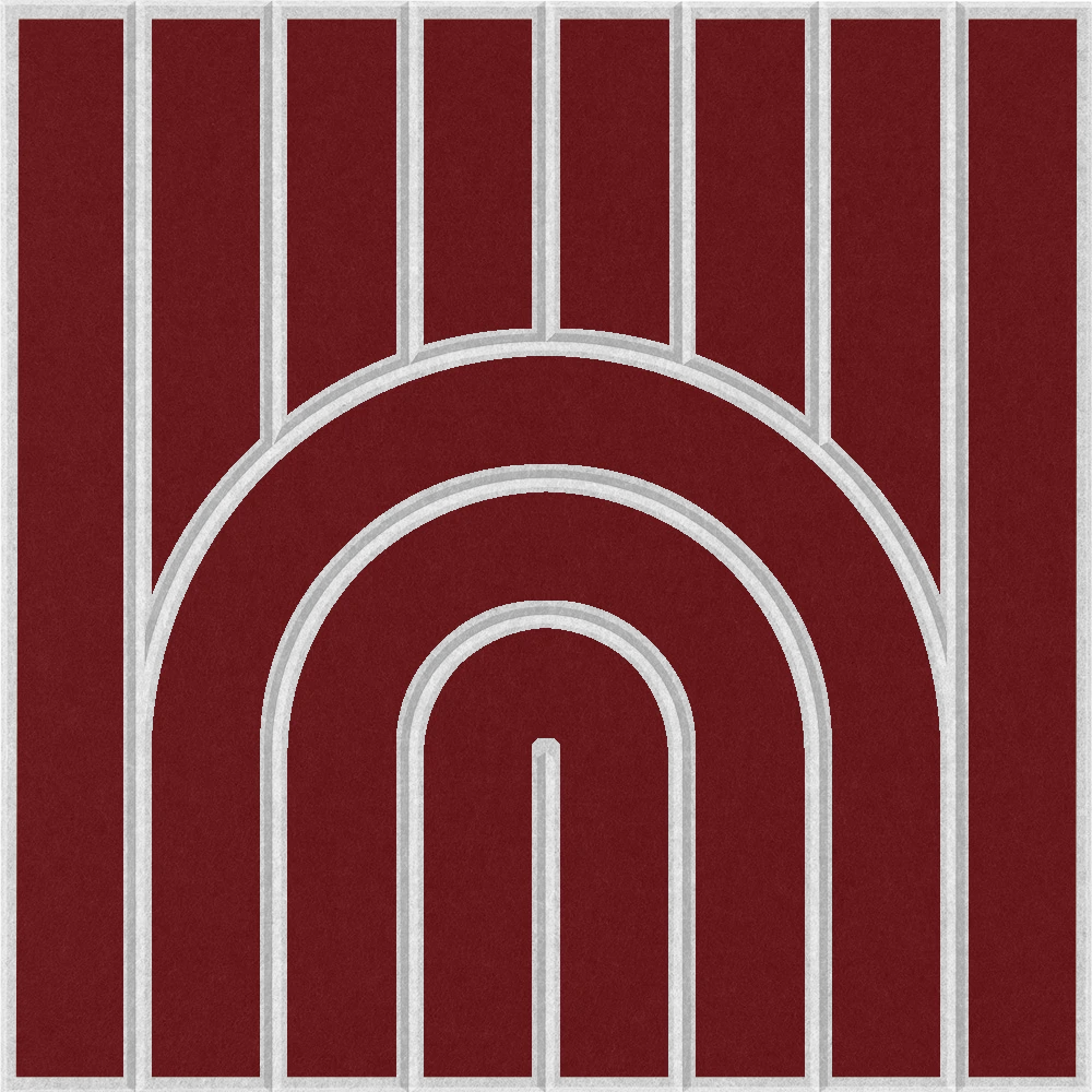 Red acoustic wall panel with a minimalist geometric arch pattern