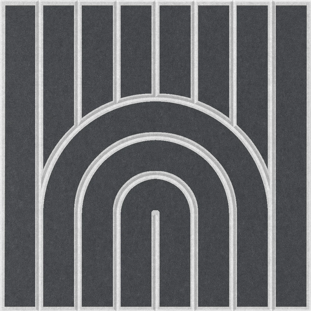 Geometric grey acoustic wall tile featuring a rounded rainbow design