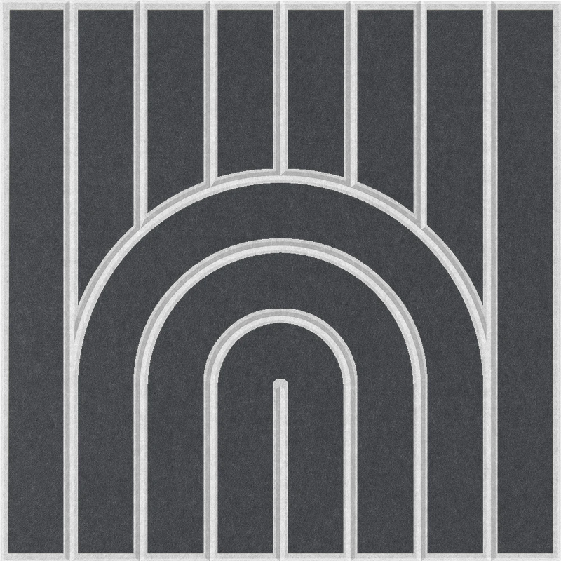 Geometric grey acoustic wall tile featuring a rounded rainbow design
