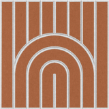 Geometric burnt orange acoustic wall tile featuring a rounded rainbow design