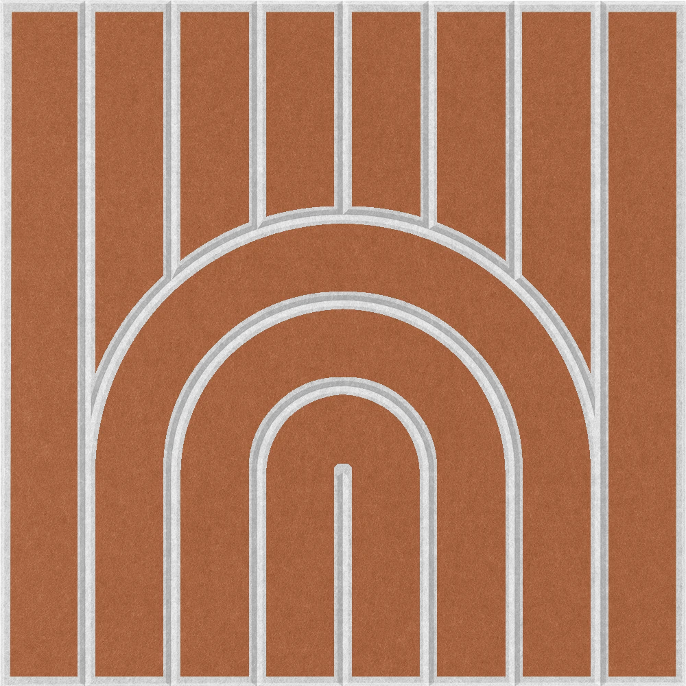Geometric burnt orange acoustic wall tile featuring a rounded rainbow design