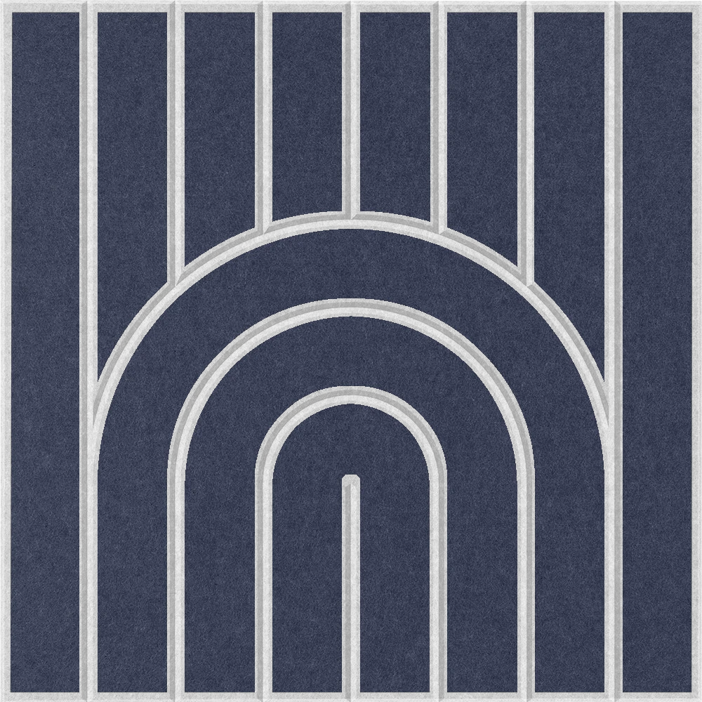 Blue acoustic wall panel with a minimalist geometric arch pattern