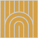 Geometric dark yellow acoustic wall tile featuring a rounded rainbow design 