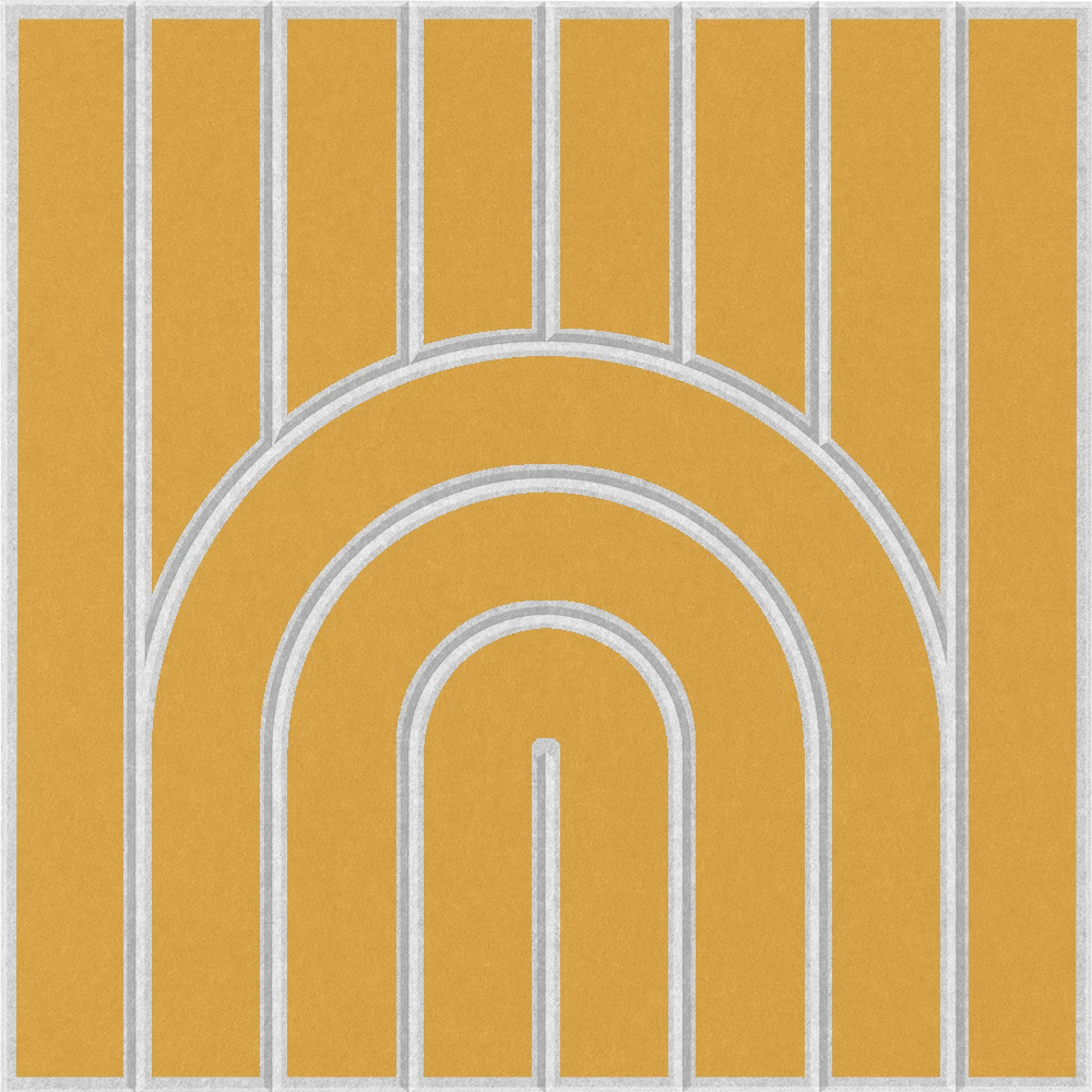 Geometric dark yellow acoustic wall tile featuring a rounded rainbow design 