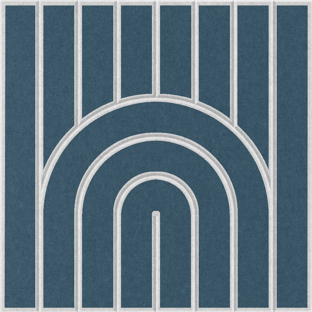 Blue felt acoustic wall tile featuring a geometric rainbow pattern 