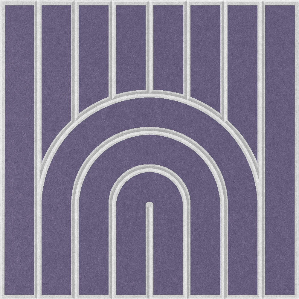 Purple acoustic felt wall panel with a minimalist geometric arch pattern