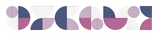 Abstract geometric pattern with purple, mauve, and navy circular and curved segments arranged horizontally.