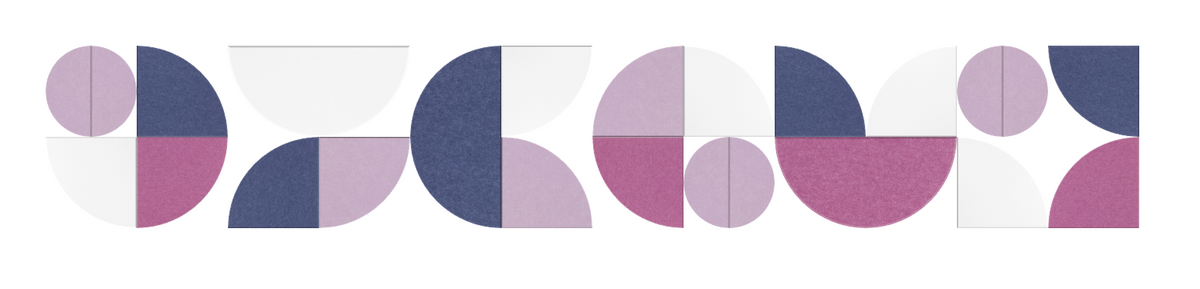 Abstract geometric pattern with purple, mauve, and navy circular and curved segments arranged horizontally.