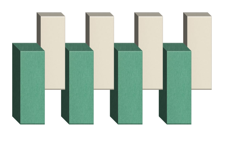 Four teal and cream rectangular 3D blocks arranged in alternating pattern.