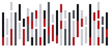 Vertical stripes in red, black, and white arranged in varying heights across a white background.