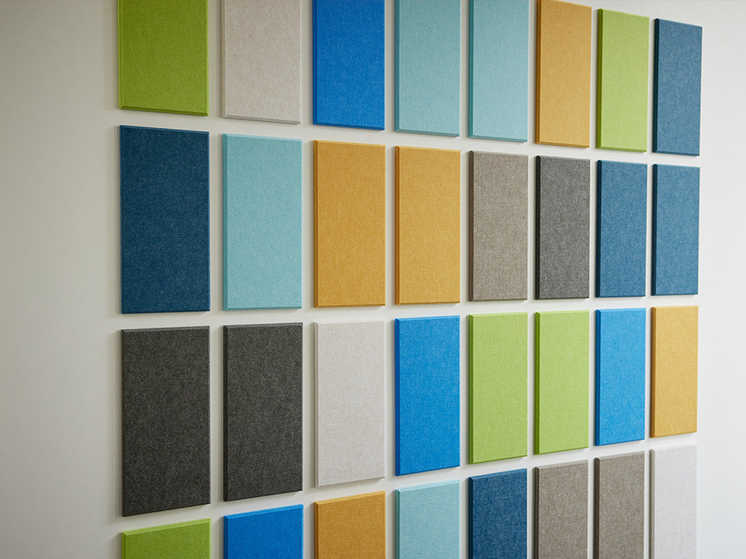 A Felt Right Wall Art design in shades of blue green grey white and yellow felt tiles 