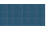 Blue acoustic wall panels with geometric curved line pattern in repeating grid layout.