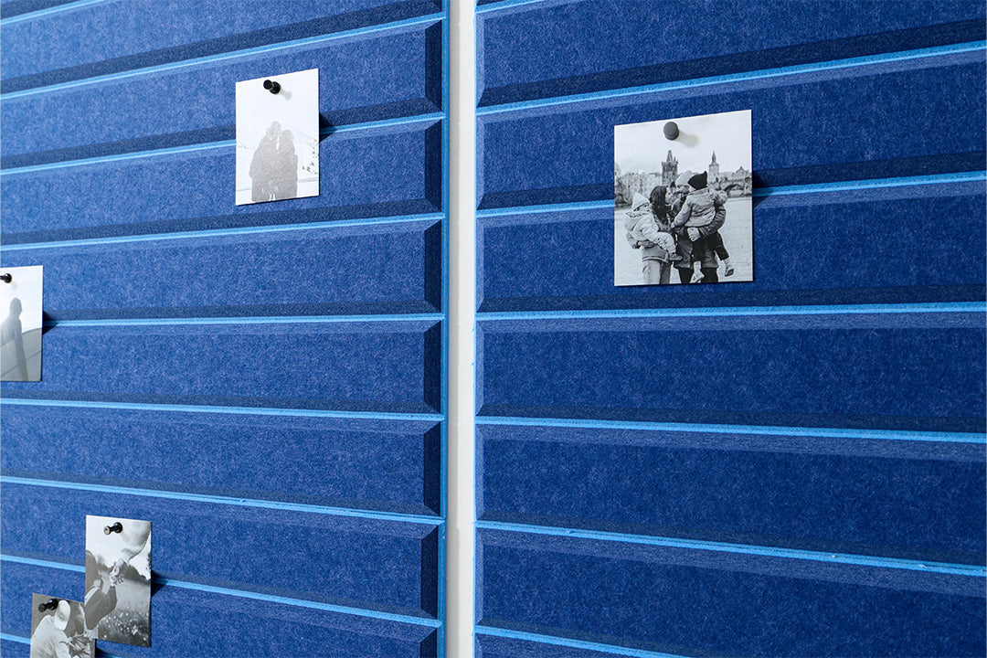 Black and white photos attached to a blue acoustic wall panel.