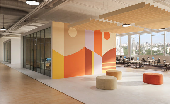 warm colored large wall mural in office
