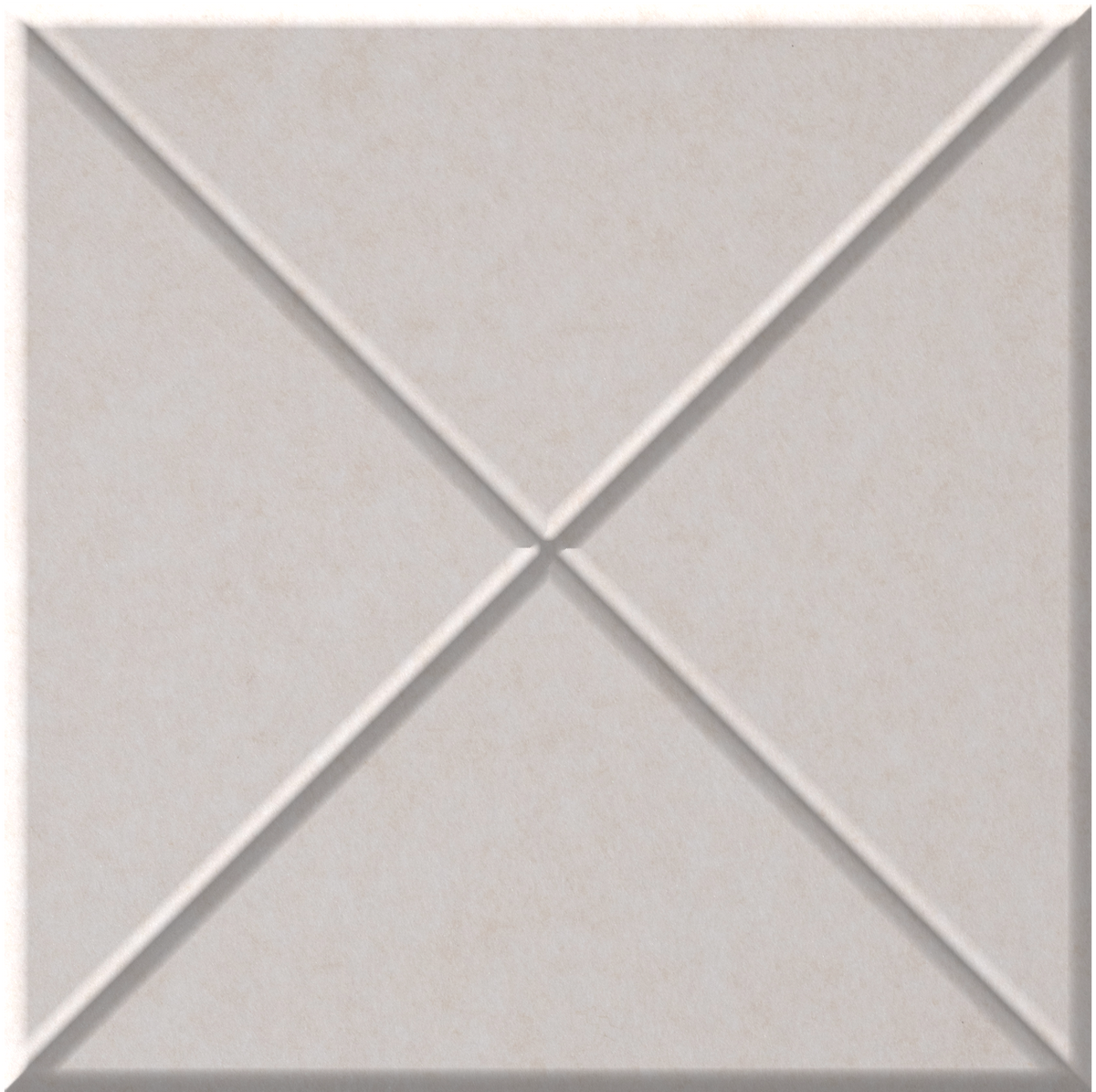Beige textured tile with raised cross pattern dividing surface into four triangular sections.