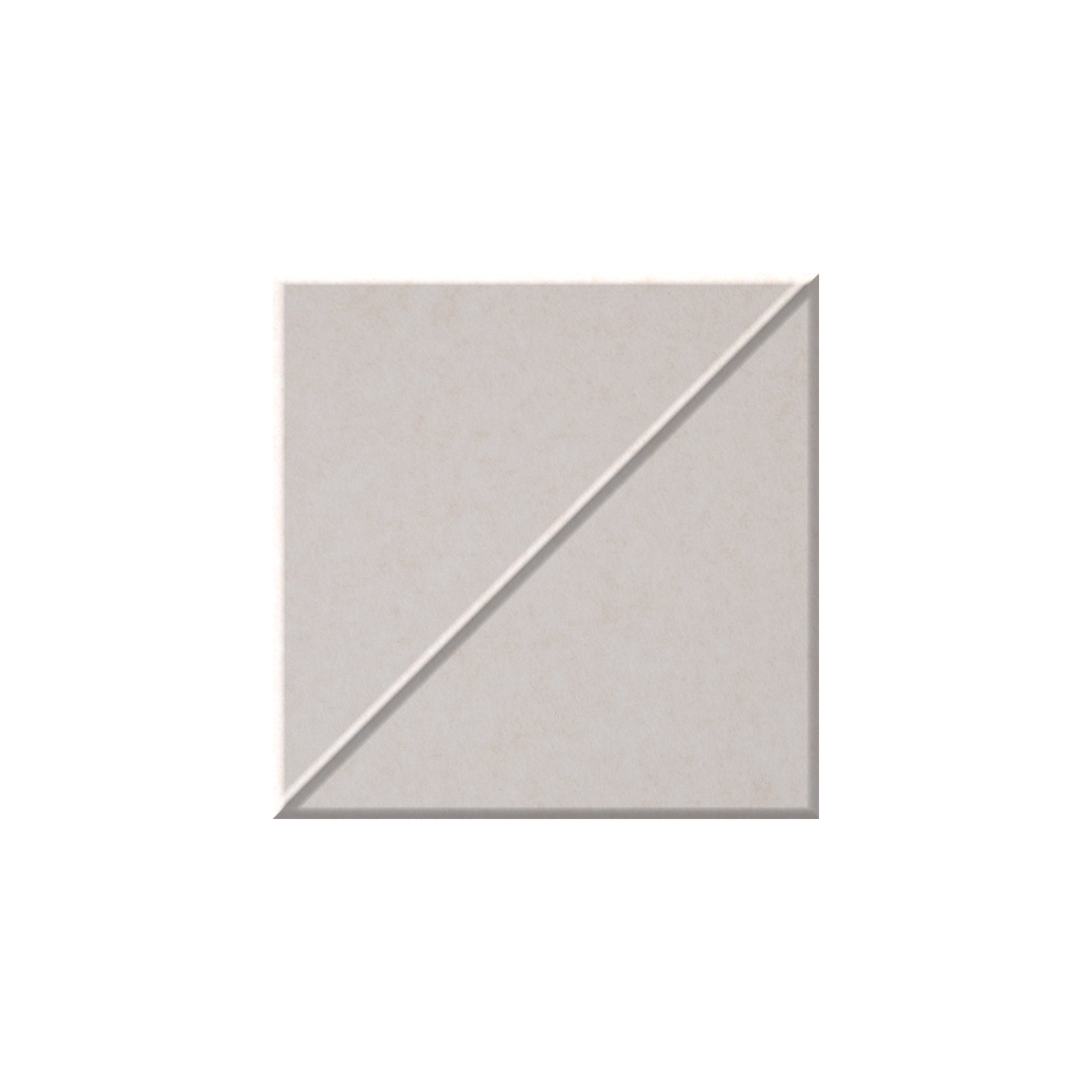 A square ceramic tile with a diagonal split design, featuring a light beige textured surface and a thin gray beveled edge, shown on a plain white background.