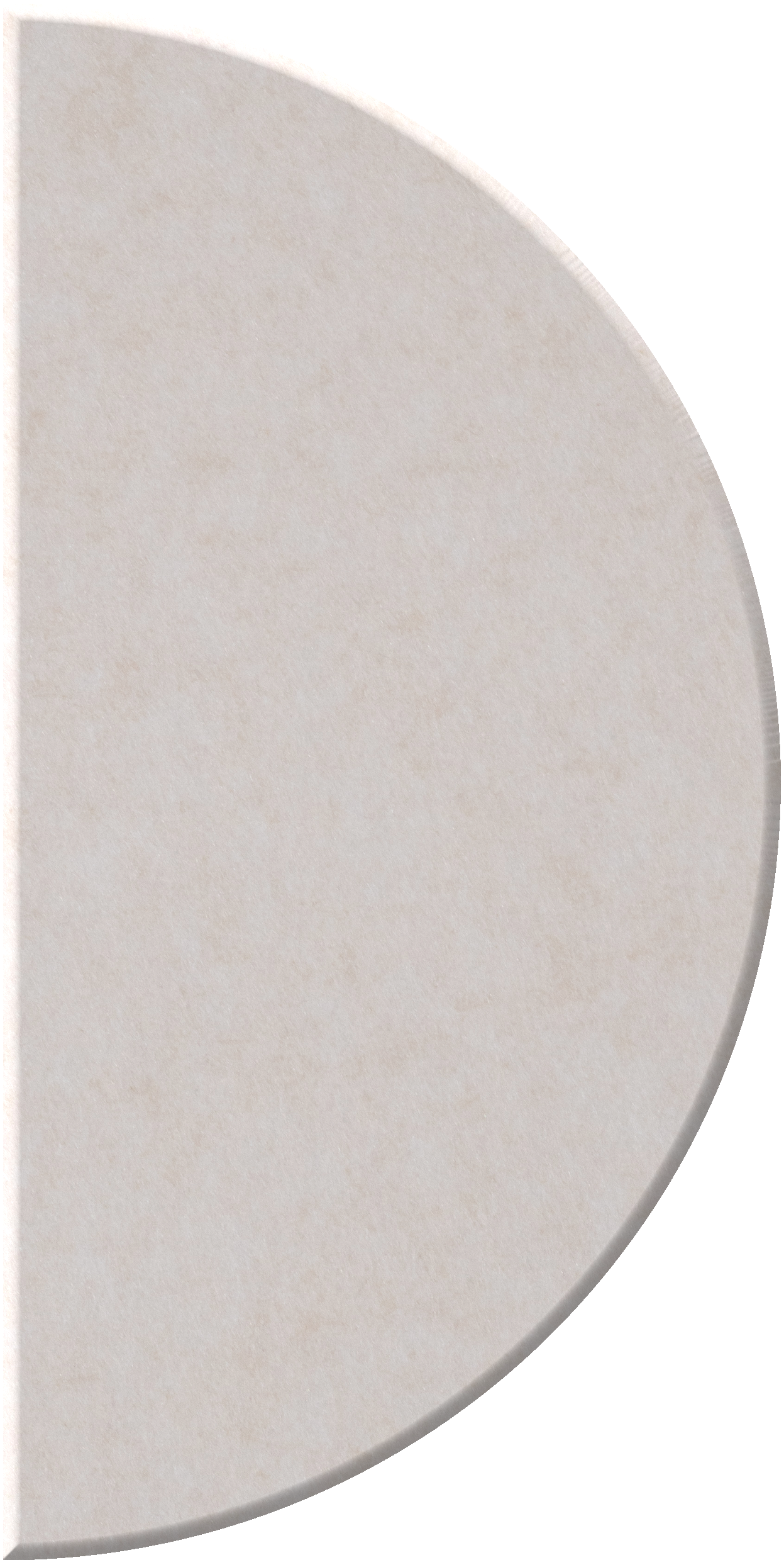 Cream-colored half circle tile with smooth matte finish and curved edge detail.