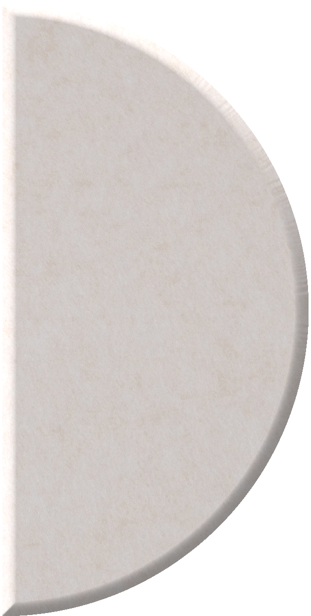 White half circle ceramic tile with curved edge and flat straight side.