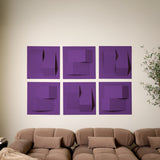 Six purple acoustic felt wall tiles arranged as textured geometric art above a sofa